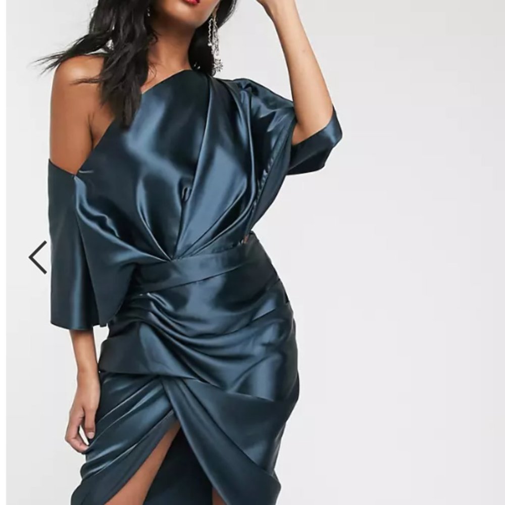 ASOS NAVY Drape Asymmetric Midi Dress In Satin